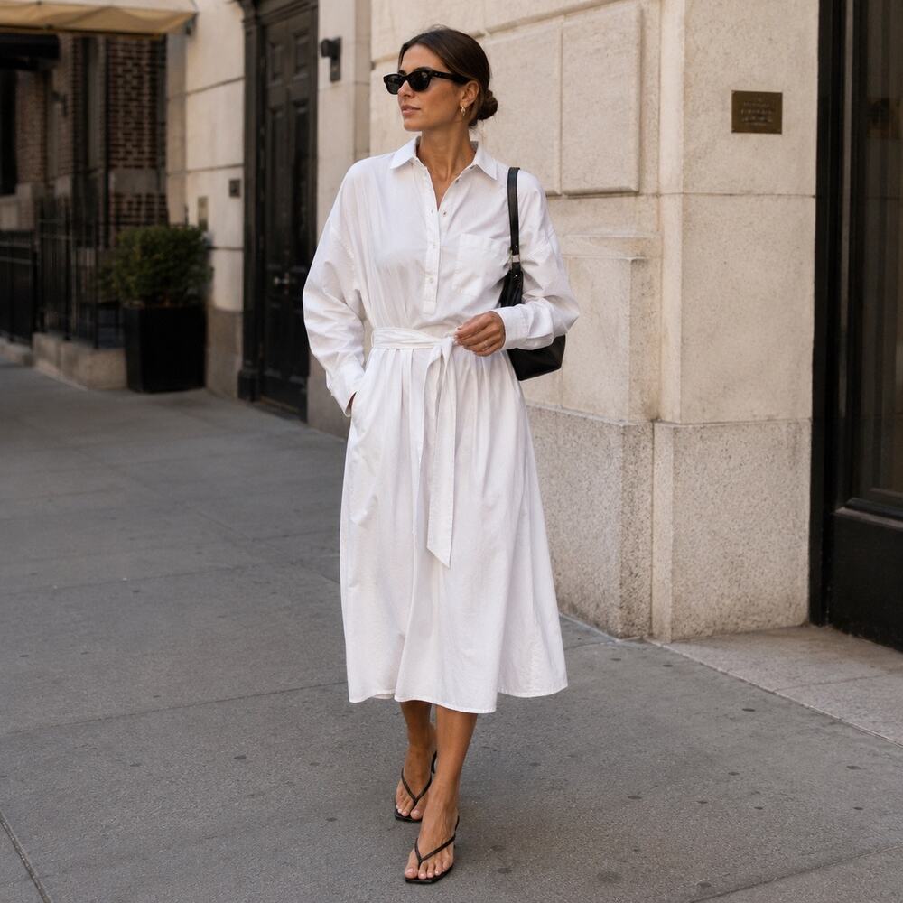 Mara Hoffman Cameron Minimalist Convertible Belted Shirt Dress In White Small